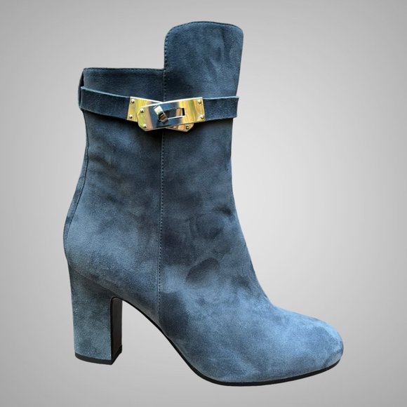 Hermes Kelly Joueuse Bleu Ardois Goat Suede Ankle Boots EU 38.5 Zippered - Picture 1 of 11